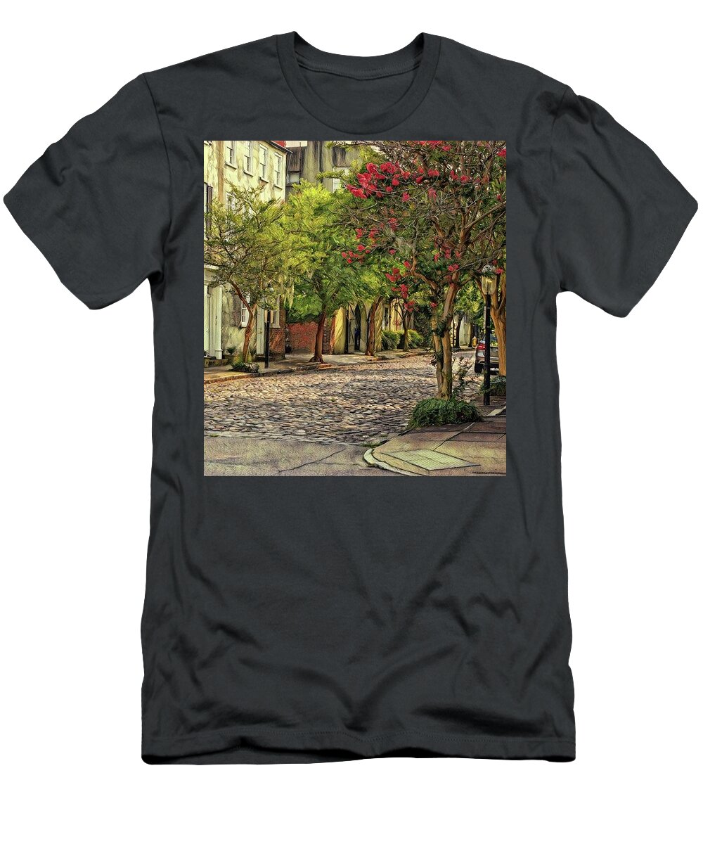 Charleston T-Shirt featuring the photograph Chalmers Street, Charleston SC A Cobblestone Street with a Tale by Sherry Kuhlkin
