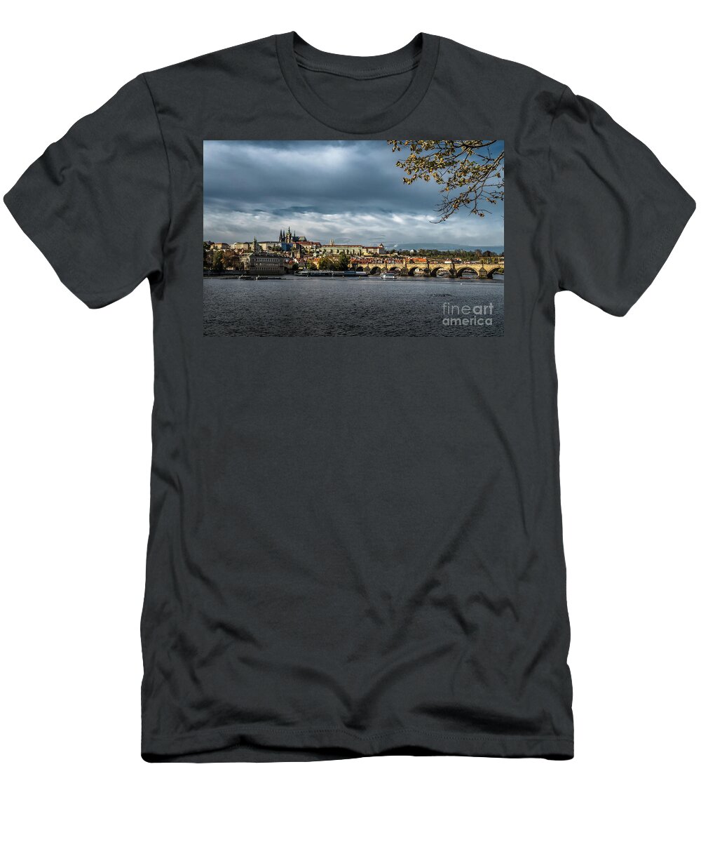 Prague T-Shirt featuring the photograph Charles Bridge Over Moldova River And Hradcany Castle In Prague In The Czech Republic by Andreas Berthold