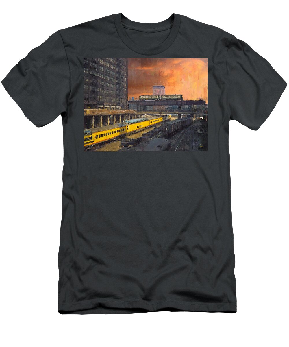 Chicago T-Shirt featuring the painting Chicago 1957 The Hiawatha Leaves Union Station by Glenn Galen