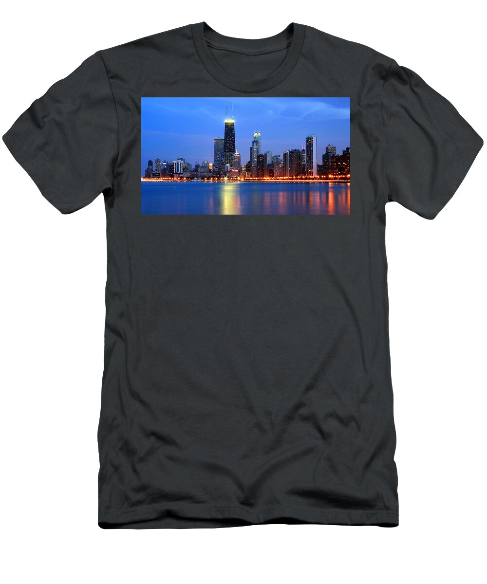 Architecture T-Shirt featuring the photograph Chicago Dusk Skyline Blue by Patrick Malon