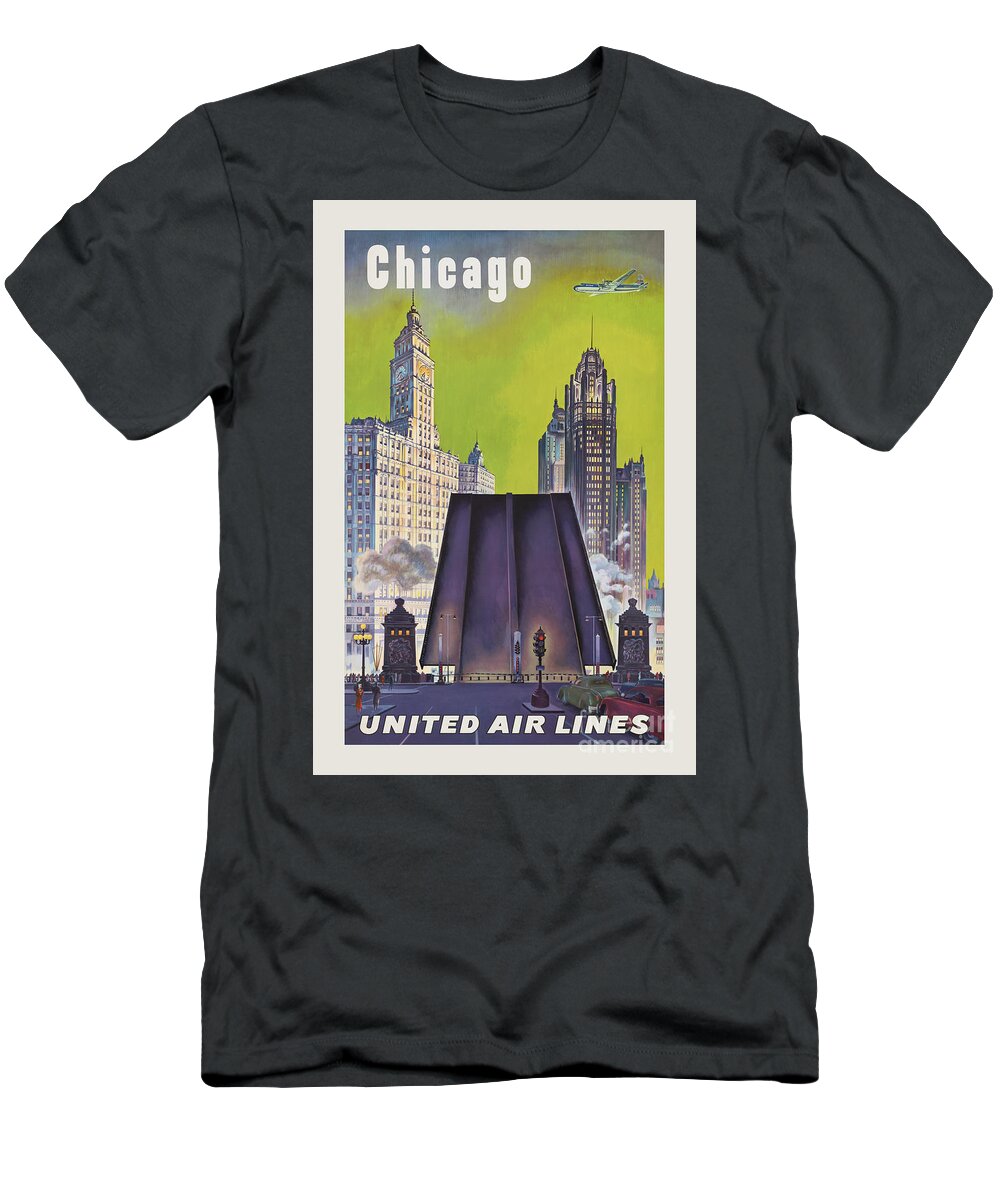 Chicago T-Shirt featuring the painting Chicago United Airlines Vintage Poster Poster by Vintage Treasure