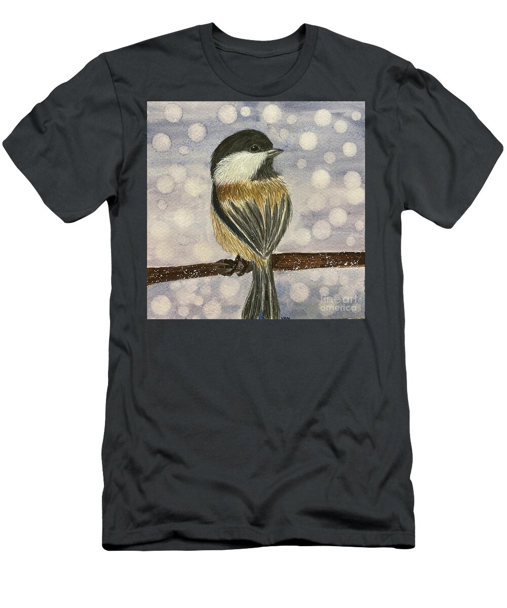 Chickadee T-Shirt featuring the painting Chickadee In Snow by Lisa Neuman