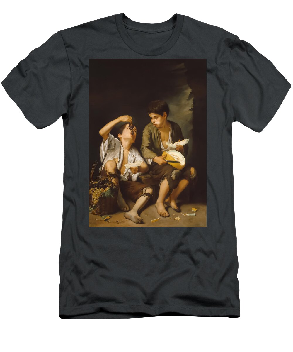 Bartolome Esteban Perez Murillo T-Shirt featuring the painting Children Eating Grapes and a Melon by Bartolome Esteban Perez Murillo
