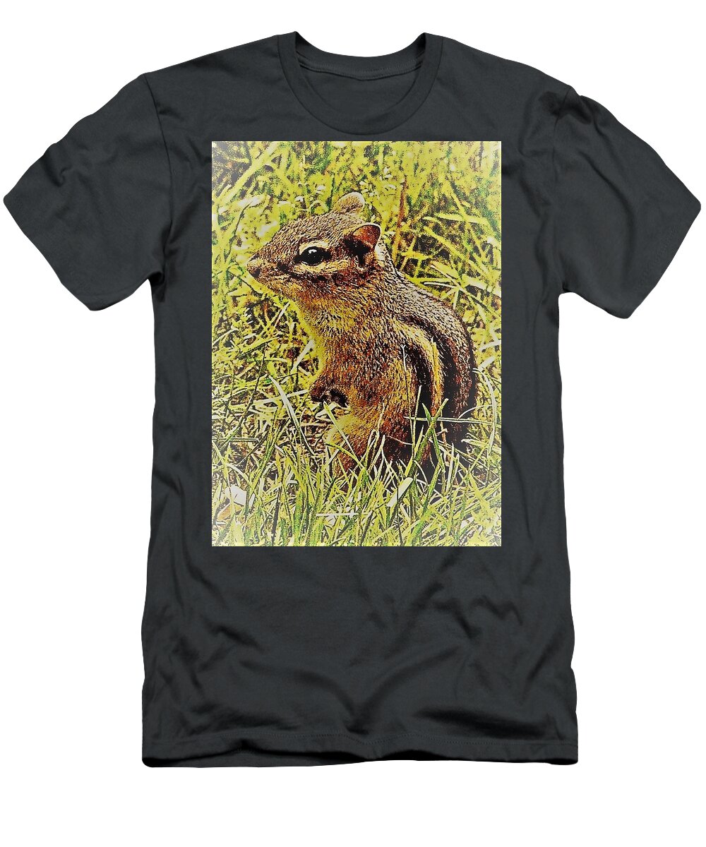 Chimpmunk Grass Green T-Shirt featuring the photograph Chipmunk2 by John Linnemeyer