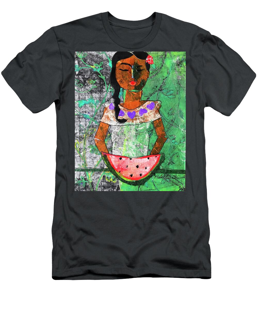 Abstract Portrait T-Shirt featuring the painting Chiquita con Melon by Elaine Elliott