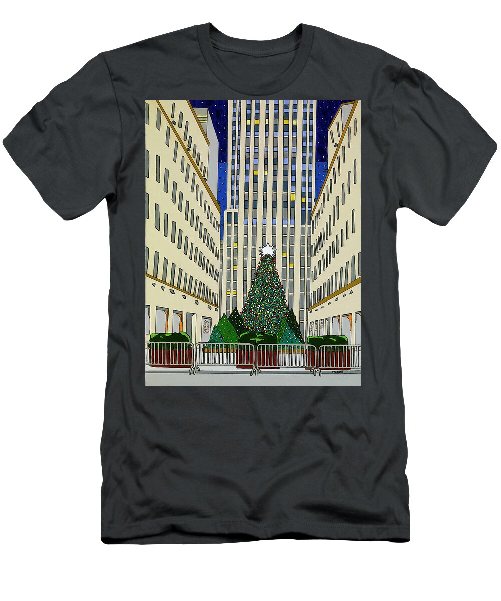 Rockefeller Center Christmas Tree New York City Christmas T-Shirt featuring the painting Christmas at Rockefeller Center by Mike Stanko
