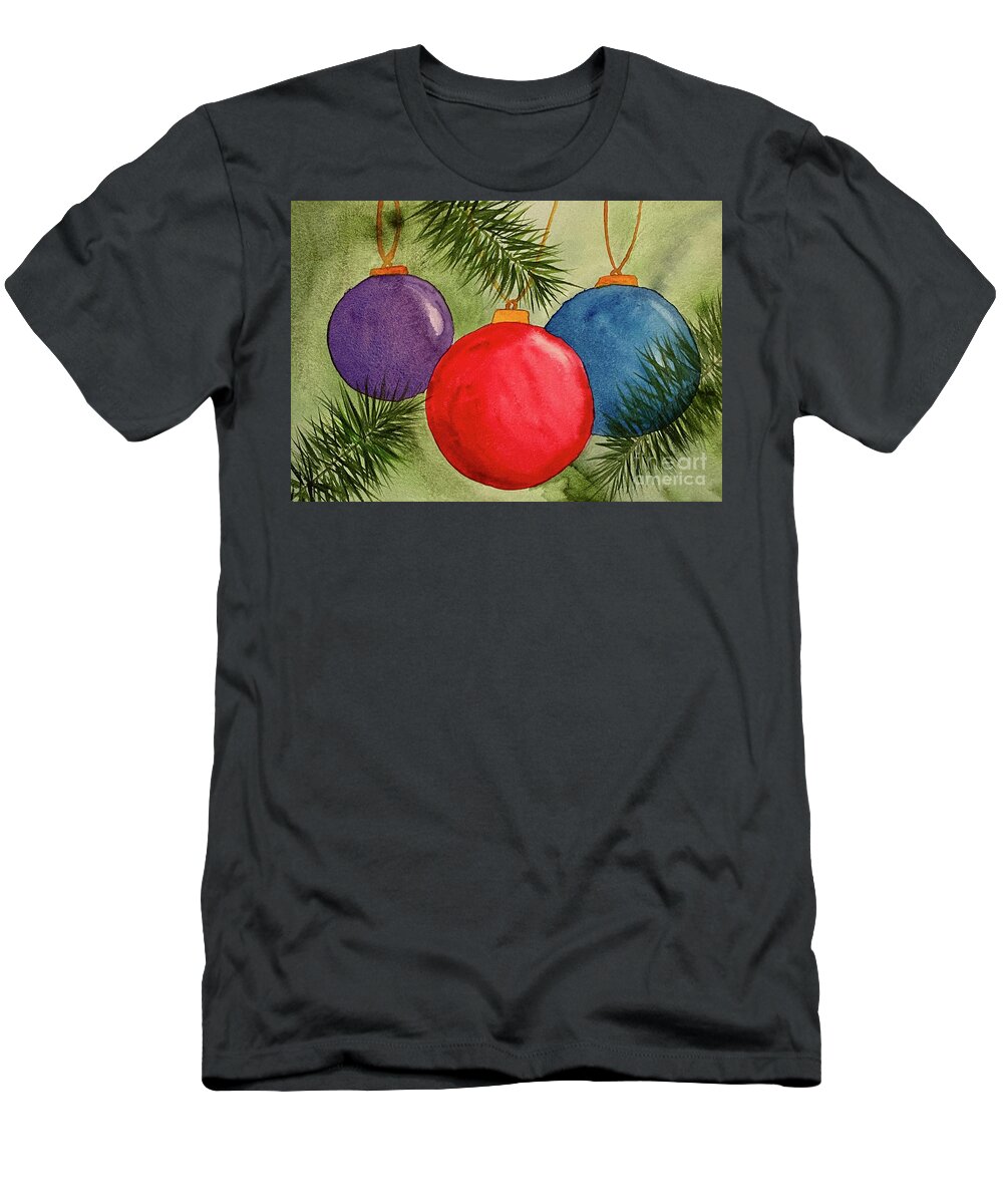 Christmas T-Shirt featuring the painting Christmas Balls and Pine Branches by Lisa Neuman