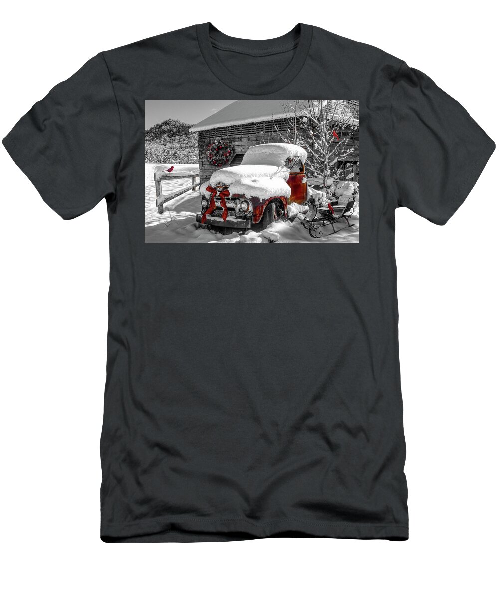 Barns T-Shirt featuring the photograph Christmas Cardinals Black and White and Red by Debra and Dave Vanderlaan