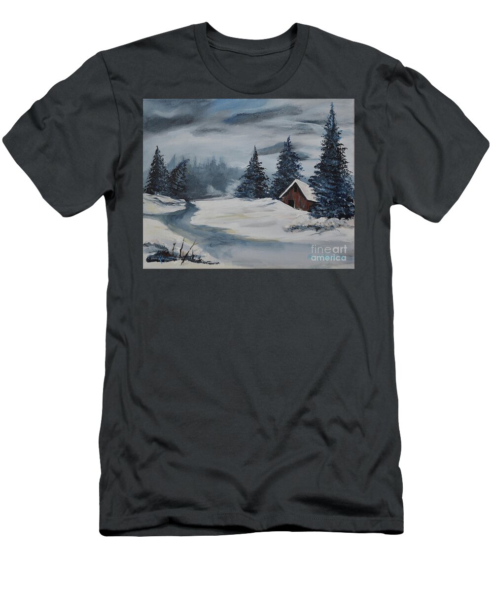 Christmas Cards T-Shirt featuring the painting Christmas Cards - Winter Solitude - Snowy Cabin by Jan Dappen