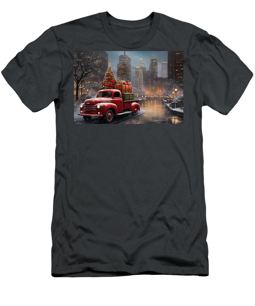 Christmas Art T-Shirt featuring the painting Christmas in Chicago - A Red Truck by the River by Lourry Legarde
