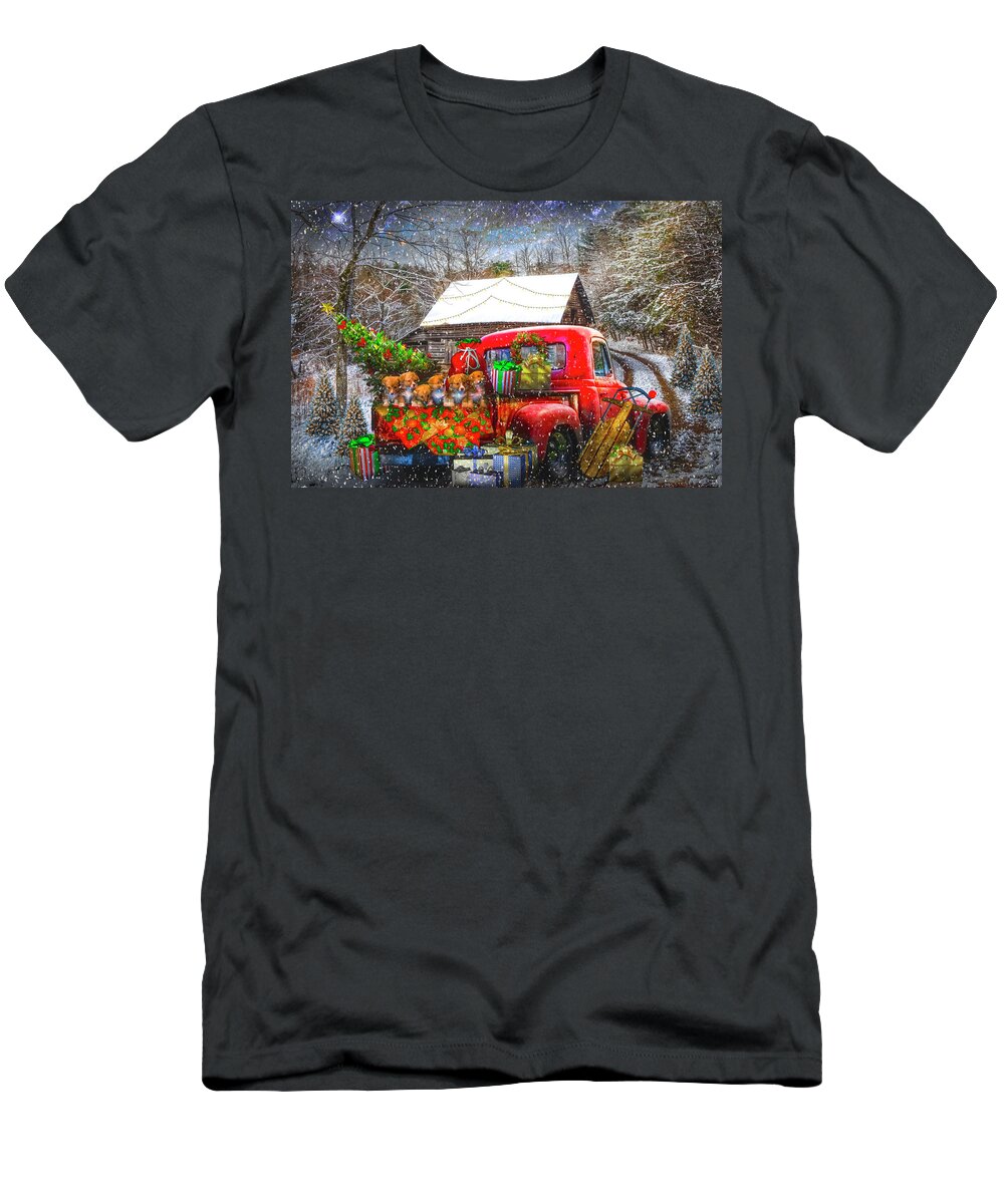 Barns T-Shirt featuring the photograph Christmas Puppies in the Snow by Debra and Dave Vanderlaan