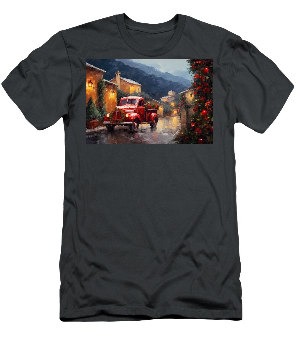 Christmas Art T-Shirt featuring the painting Christmas Red Truck in Tuscany by Lourry Legarde