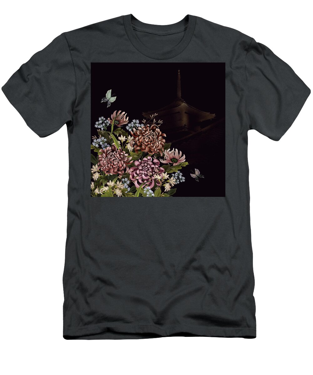 Chinoiserie T-Shirt featuring the digital art Chrysanthemums and Butterflies Glitter Temple Chinoiserie by Sand And Chi