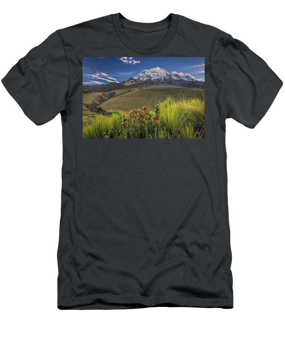 Andes T-Shirt featuring the photograph Chuquirahua and Chimborazo volcano at dawn by Henri Leduc