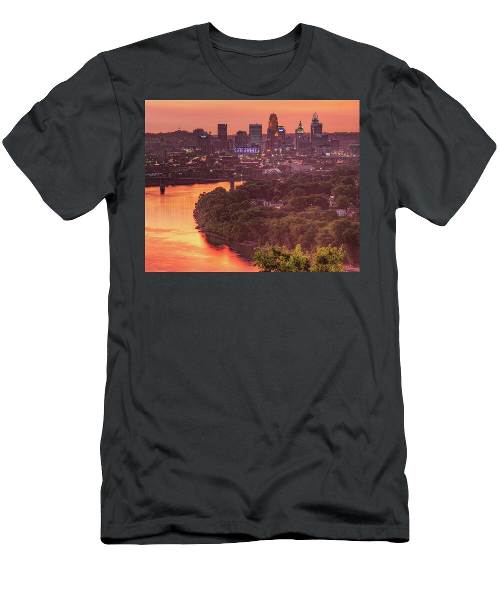 Cincinnati Ohio T-Shirt featuring the photograph Cincinnati Skyline and Ohio River Sunrise From Mount Echo Park by Gregory Ballos