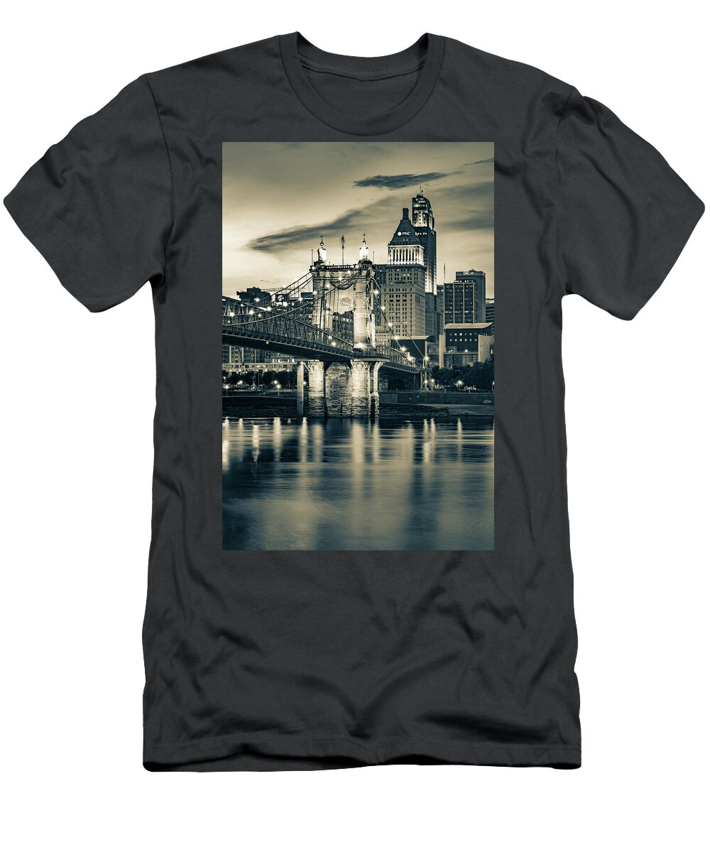 Cincinnati Ohio T-Shirt featuring the photograph Cincinnati Skyline and Roebling Bridge in Sepia Over The Ohio River by Gregory Ballos