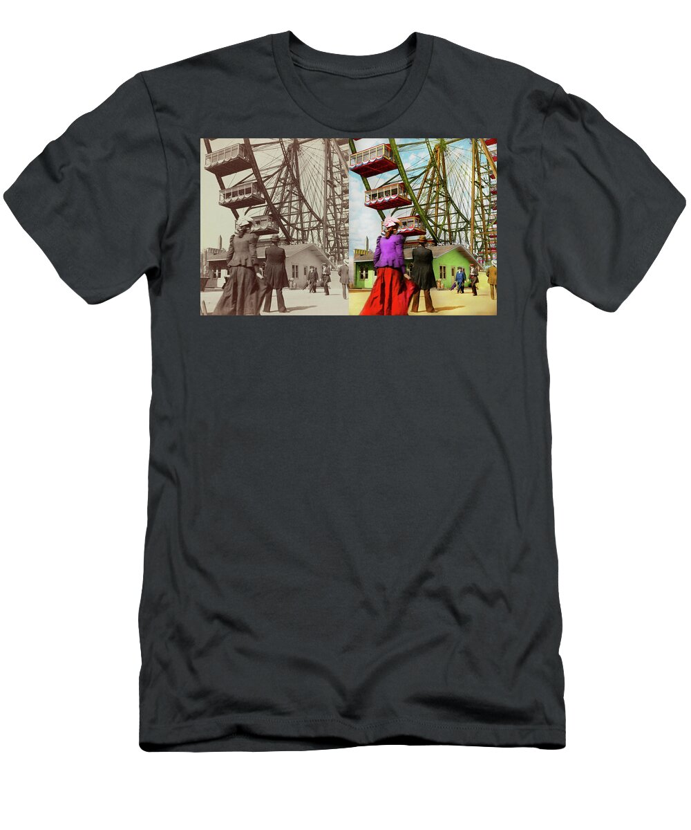 Chicago T-Shirt featuring the photograph City - Chicago,IL - Fair - The first Ferris Wheel 1893 - Side by Side by Mike Savad