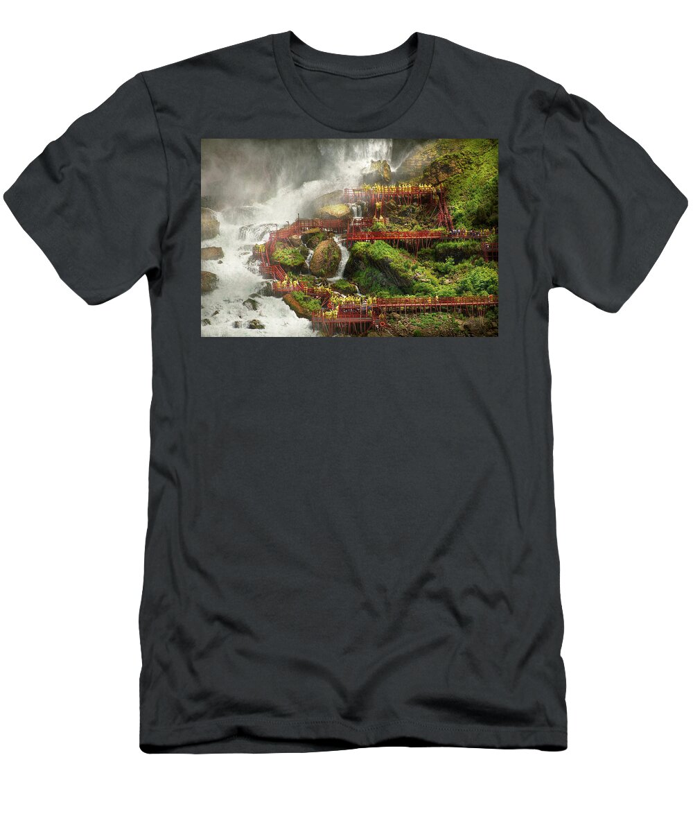Hurricane Deck T-Shirt featuring the photograph City - Niagara Falls NY - Cave of the winds tour by Mike Savad