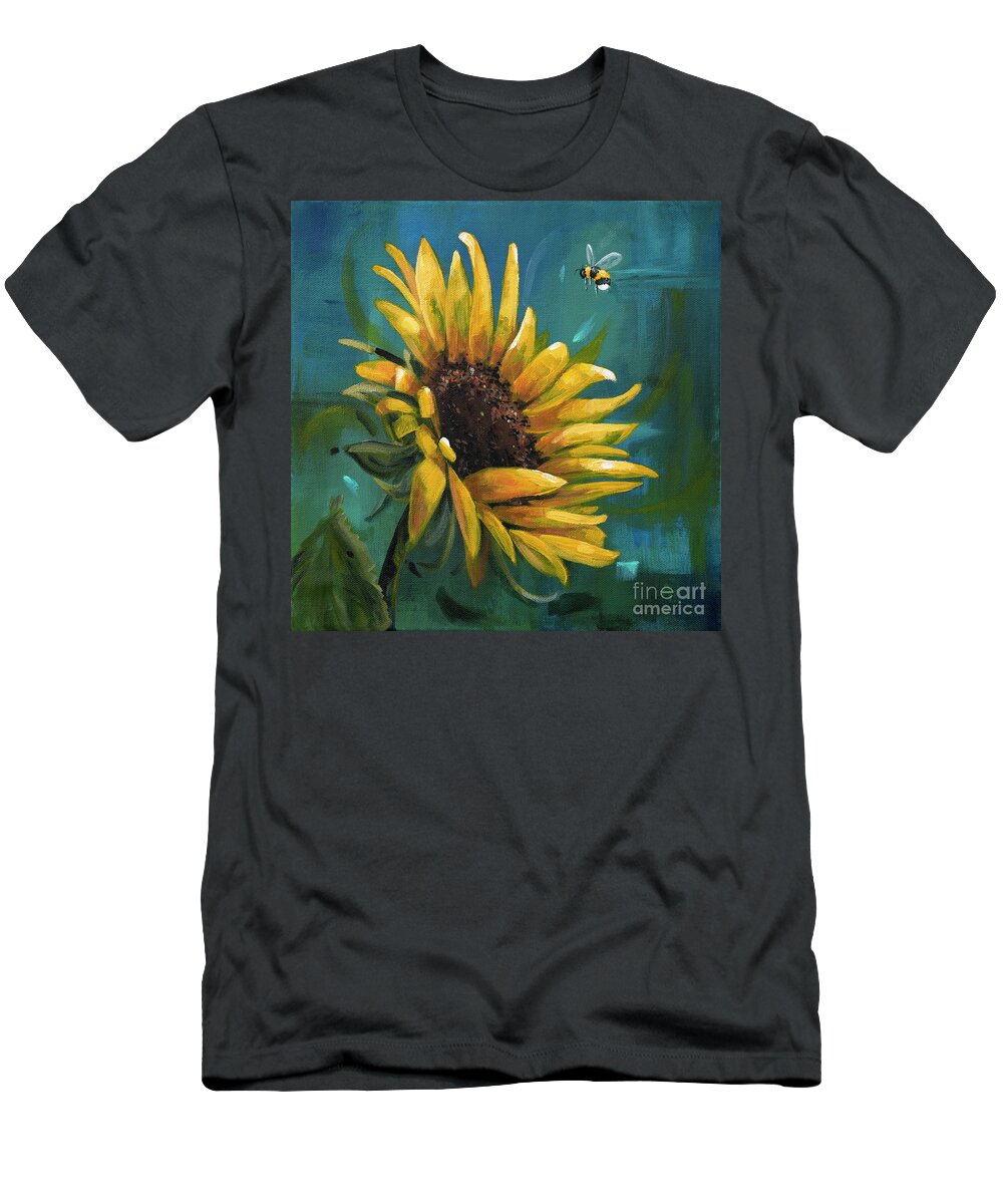 Summer T-Shirt featuring the painting Cleared for Landing - Sunflower painting by Annie Troe