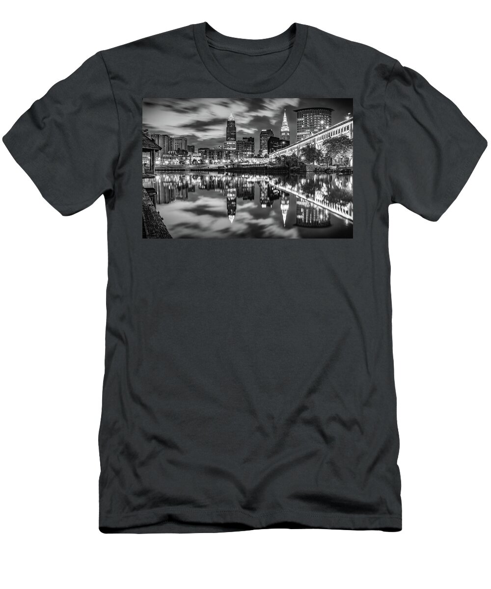 Cleveland Skyline T-Shirt featuring the photograph Cleveland Ohio Riverfront Skyline At Dawn - Black and White by Gregory Ballos