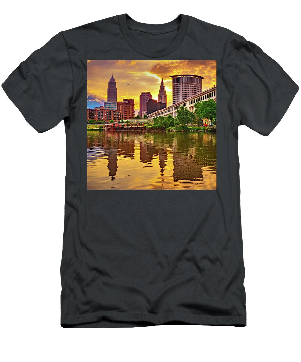 Cleveland Ohio T-Shirt featuring the photograph Cleveland Ohio Sunrise Over The Cuyahoga - 1x1 by Gregory Ballos