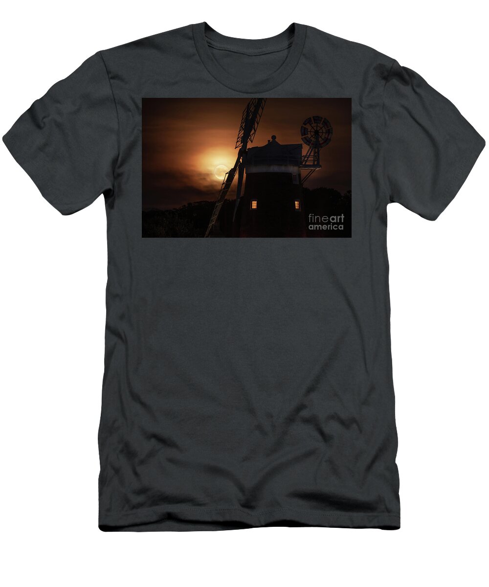 Cley T-Shirt featuring the photograph Cley windmill and harvest moon at night in Norfolk by Simon Bratt