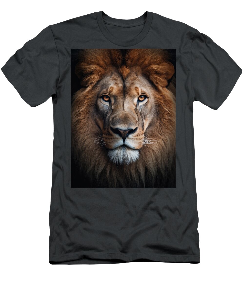 Lion T-Shirt featuring the mixed media Lion's Majesty - A Captivating Closeup Portrait by Land of Dreams