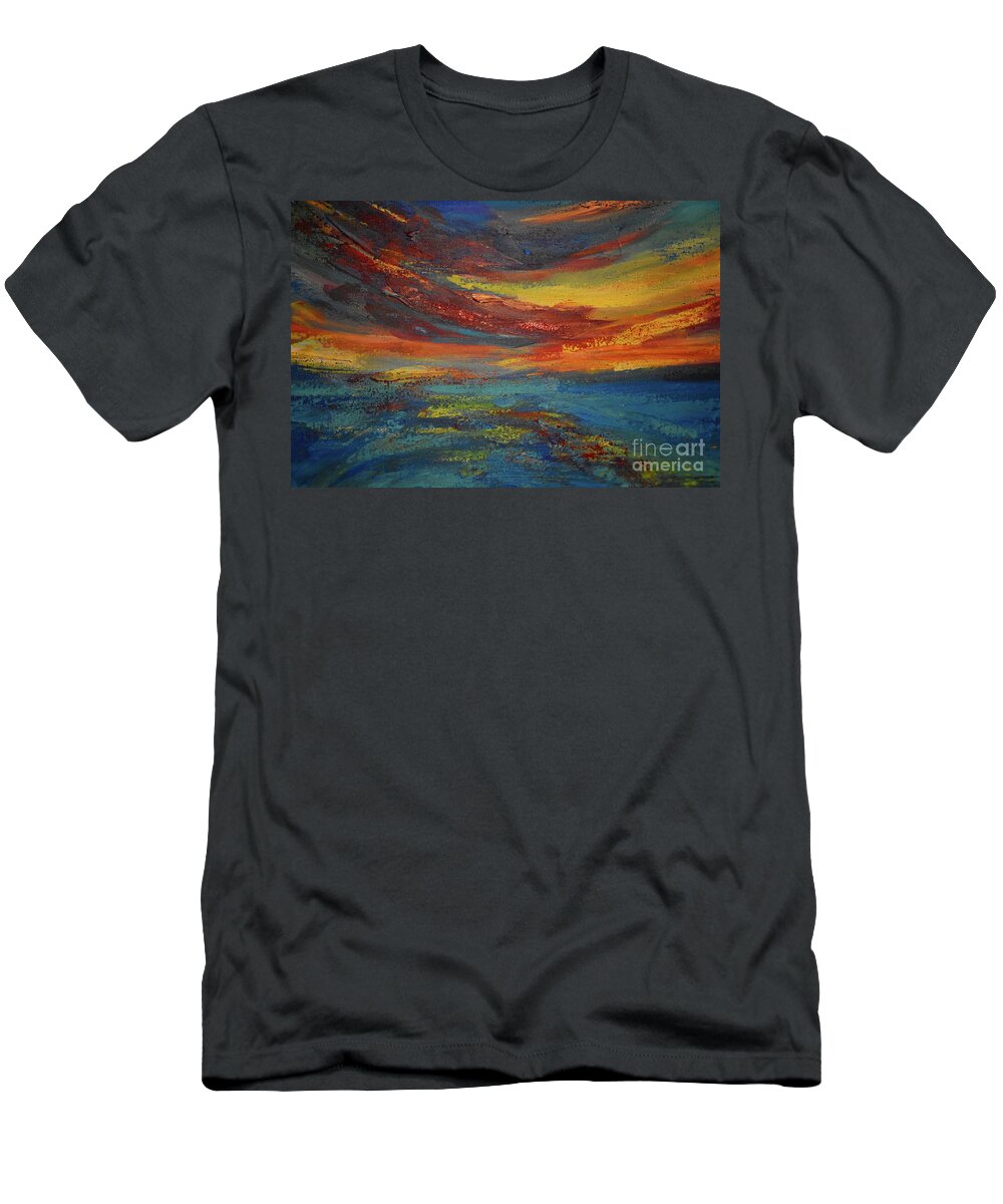 Nature T-Shirt featuring the painting Clouds add color to my sunset sky detail by Leonida Arte