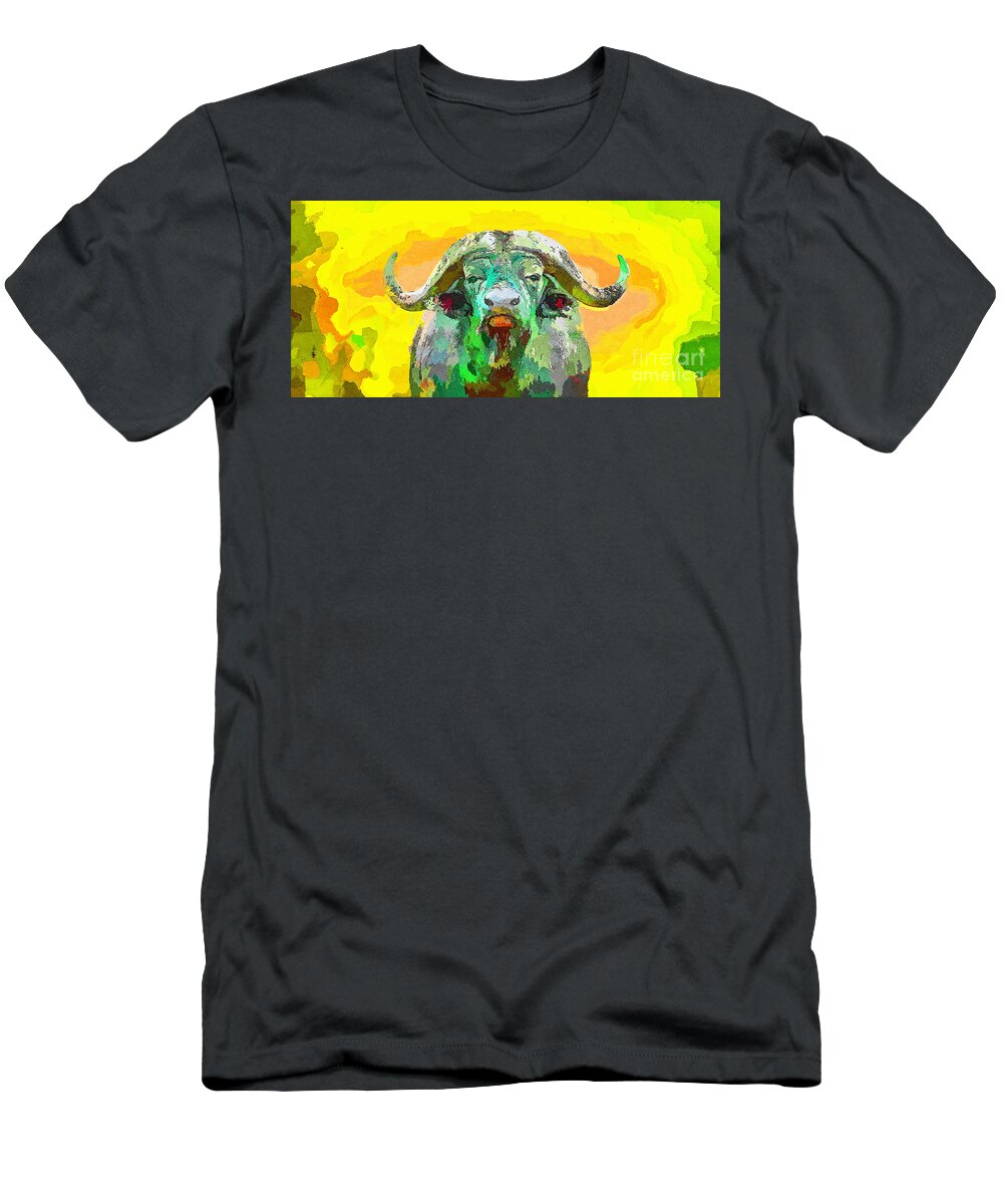 Wall Art T-Shirt featuring the painting Colorful African Buffalo by Stefano Senise