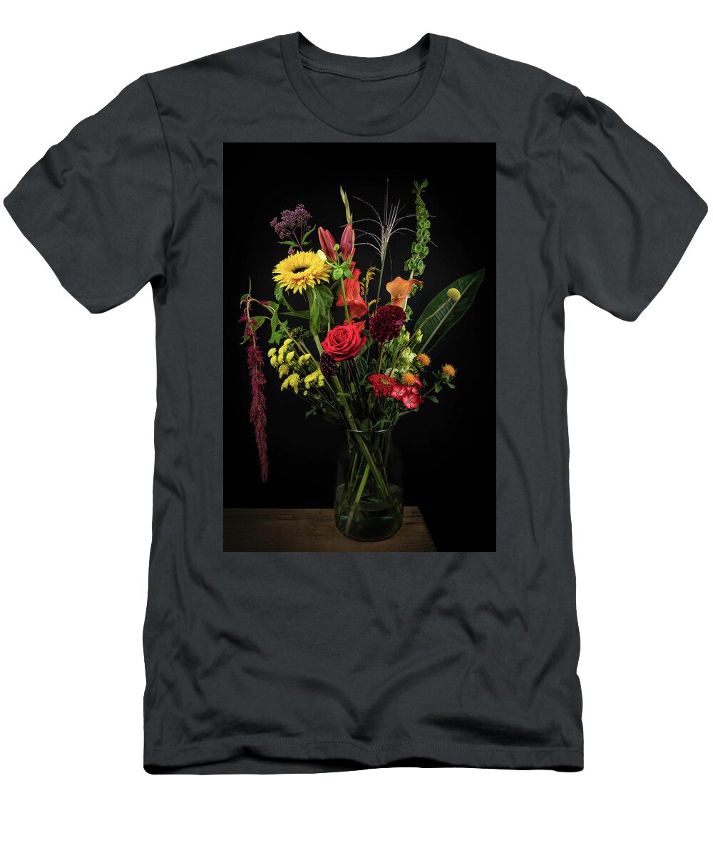 Colorful Bouquet T-Shirt featuring the photograph Colorful bouquet of flowers in a vase by Marjolein Van Middelkoop