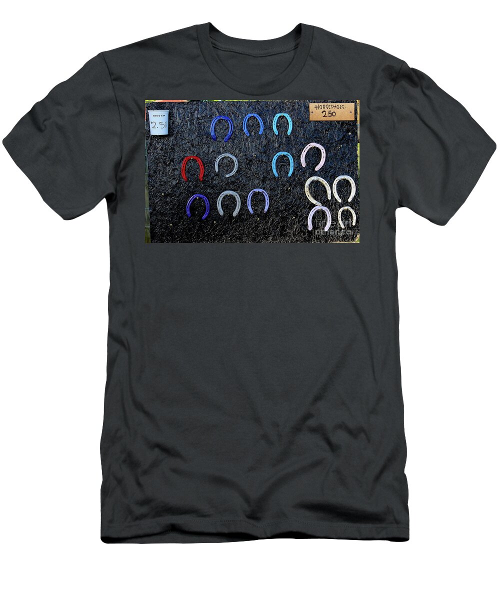 Shoe T-Shirt featuring the photograph Colorful Horse Shoes Waiting to be Tossed by Brad Knorr Art