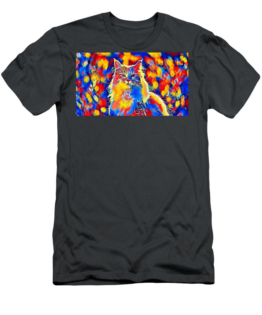 Maine Coon T-Shirt featuring the digital art Colorful Maine Coon cat looking at camera in blue, red and orange by Nicko Prints