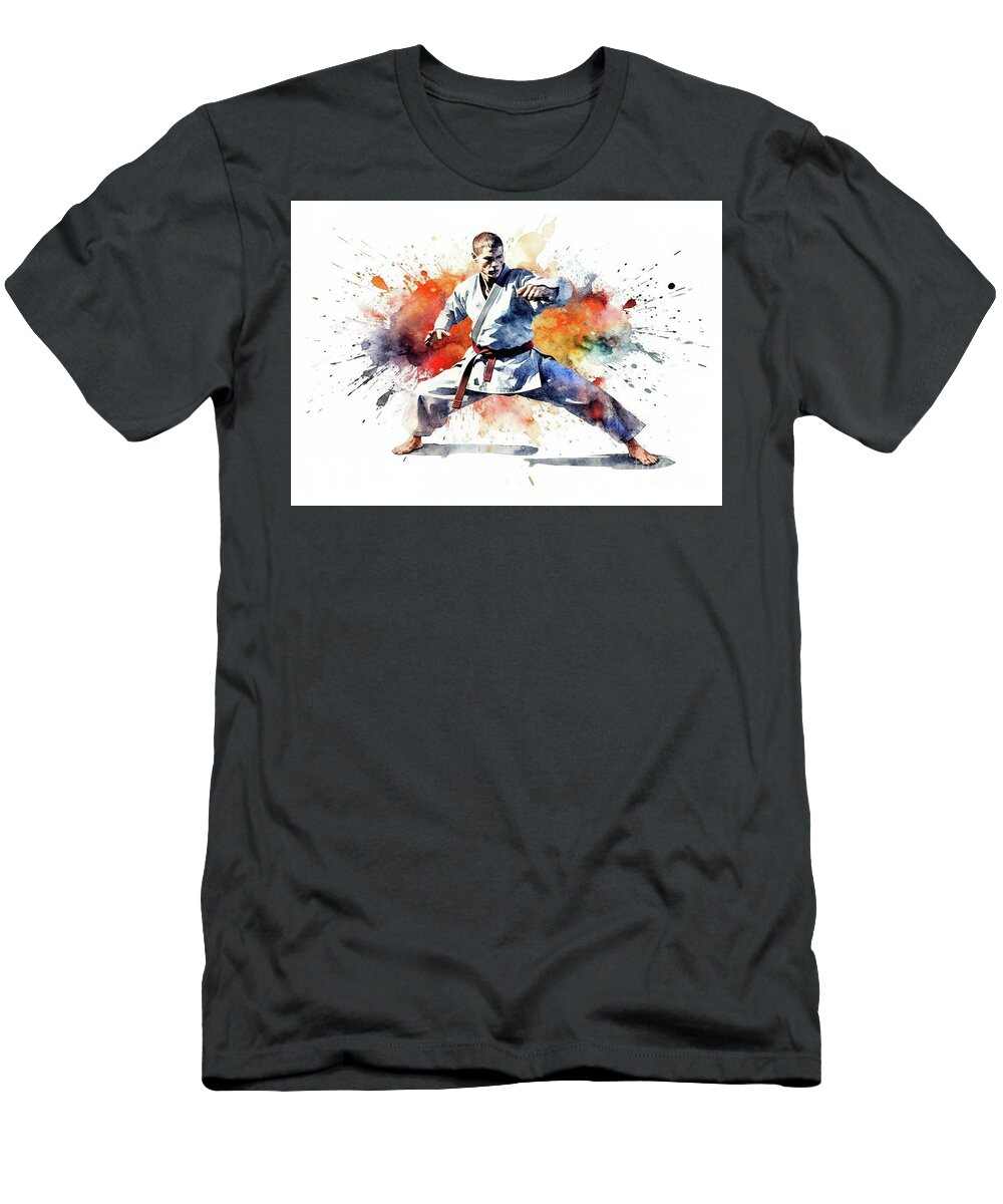 Karate T-Shirt featuring the digital art Colorful paint splashes during martial artist action. by Odon Czintos