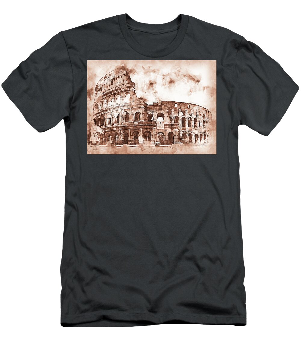 Roman Colosseum T-Shirt featuring the drawing Colosseum, Rome - 34 by AM FineArtPrints