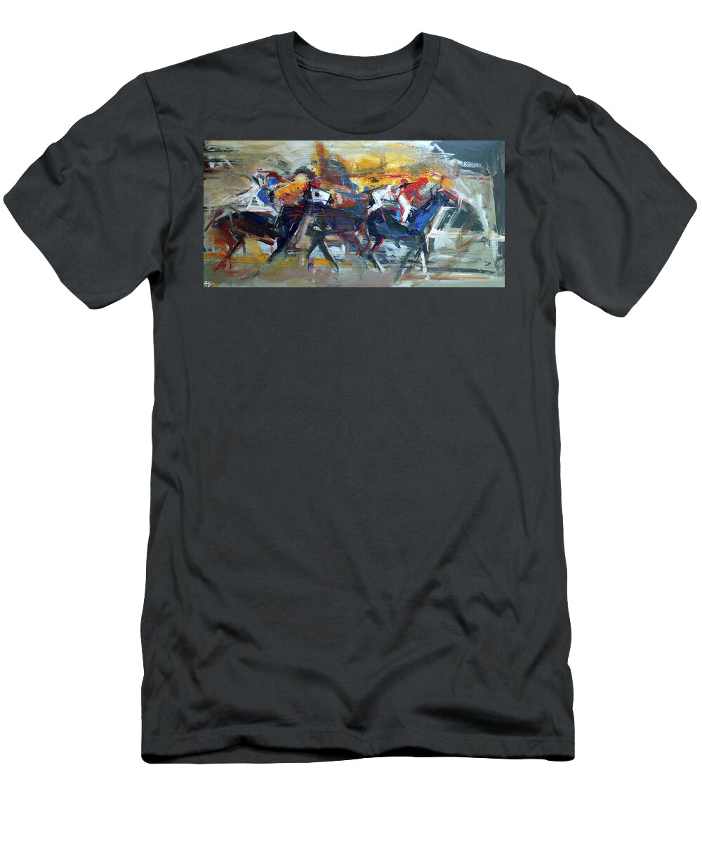Kentucky Horse Racing T-Shirt featuring the painting Controlled Chaos by John Gholson