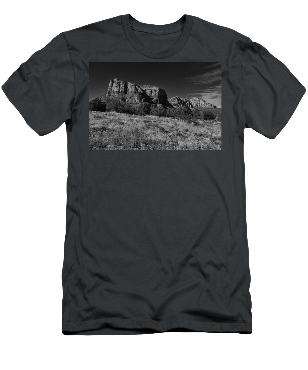 Courthouse Butte T-Shirt featuring the photograph Courthouse Butte and Lee Mountain Black and White, Sedona by Chance Kafka