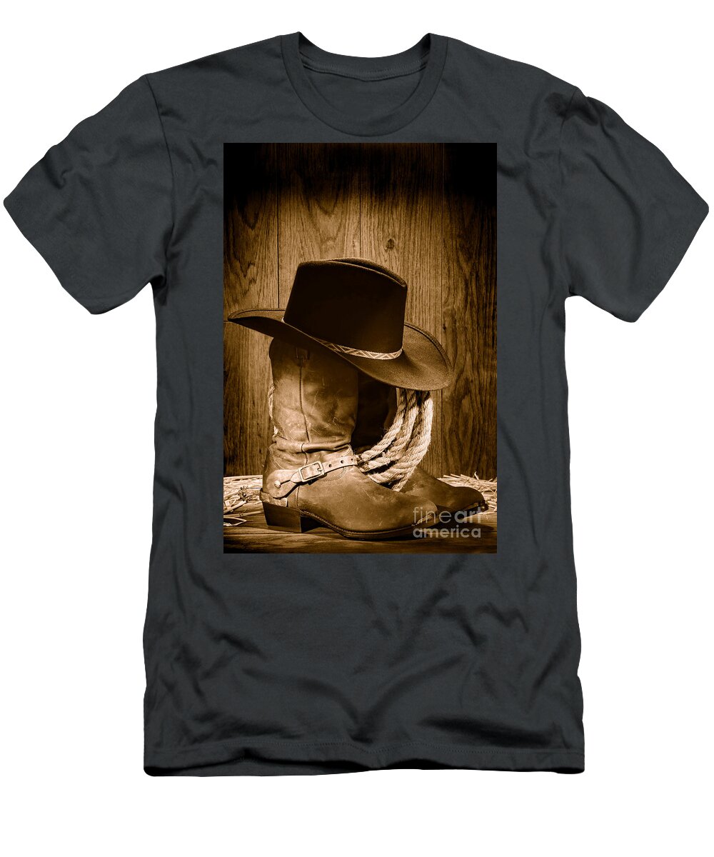 Antique T-Shirt featuring the photograph Cowboy Hat on Boots - Sepia by Olivier Le Queinec