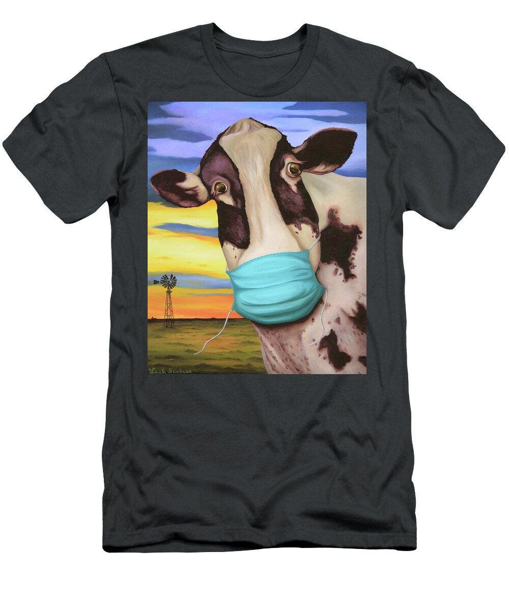 Cow T-Shirt featuring the painting Cowvid 19 by Leah Saulnier The Painting Maniac