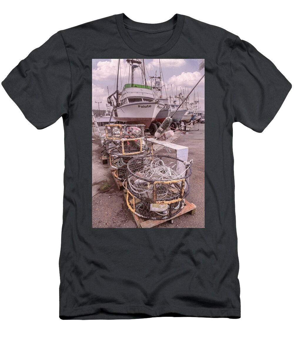 Dock T-Shirt featuring the photograph Crab Pots On The Beachhouse Docks by Debra and Dave Vanderlaan