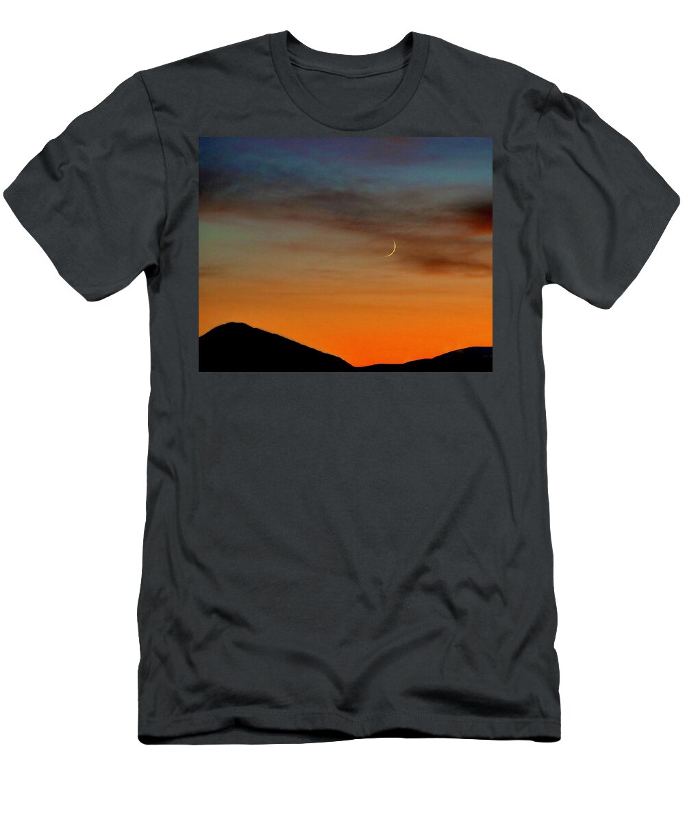 Moon T-Shirt featuring the photograph Crescent Moon at Sunset by Sarah Lilja