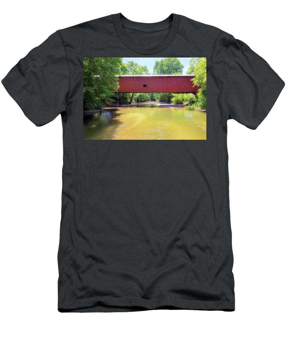 Parke County Covered Bridges T-Shirt featuring the photograph Crooks Bridge Across Little Raccoon Creek by Susan Rissi Tregoning