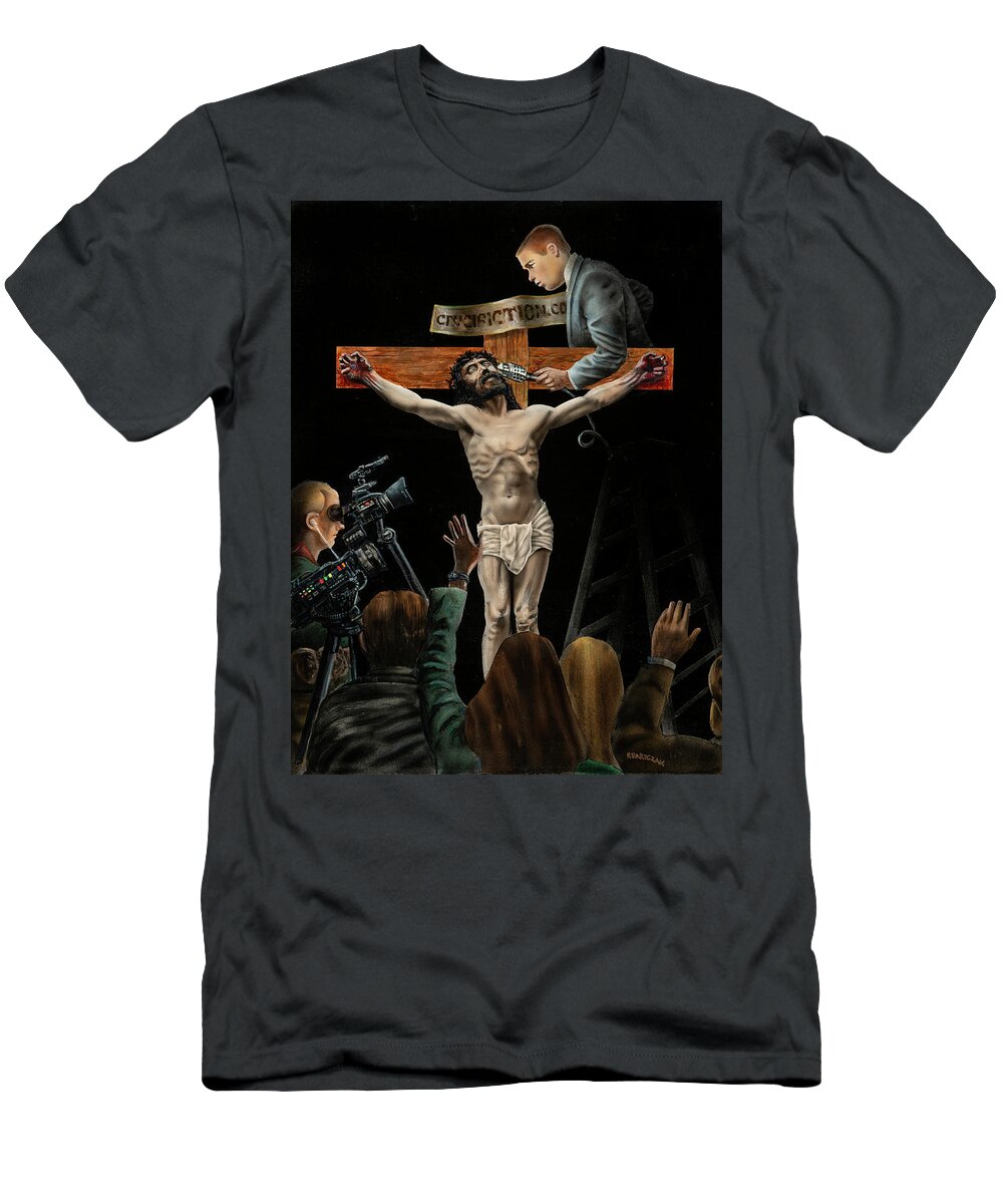 Low Brow T-Shirt featuring the painting Crucifixtion.com by Peter Bartczak