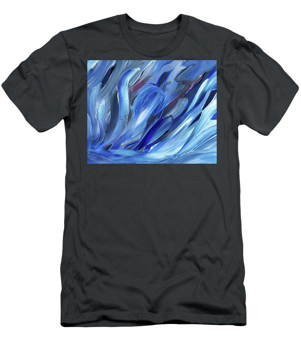 Blue T-Shirt featuring the painting Curling Sea Waves Coastal Breeze Unique Abstract Art by Irina Sztukowski