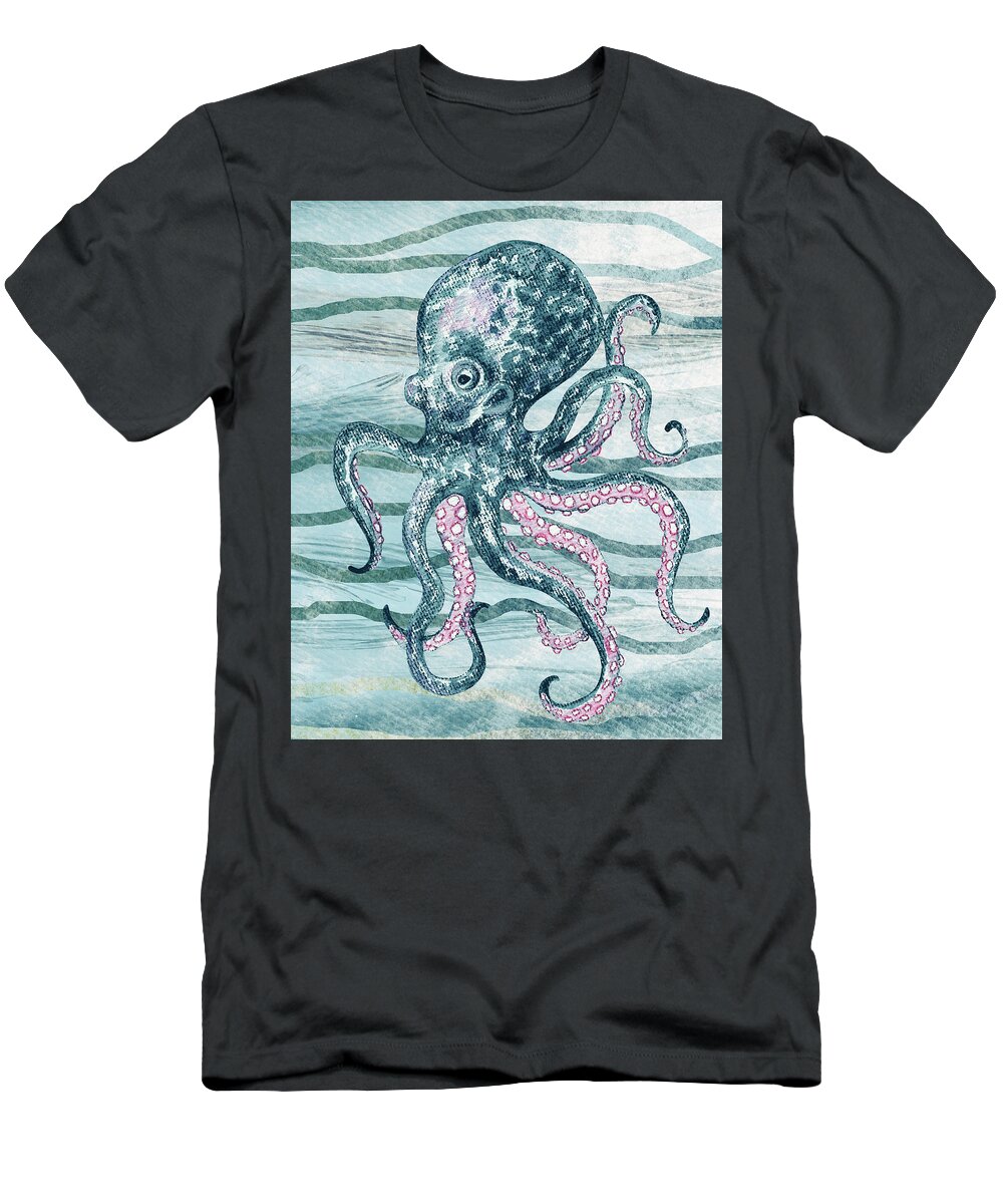 Octopus T-Shirt featuring the painting Cute Teal Blue Watercolor Octopus On Calm Wave Beach Art by Irina Sztukowski