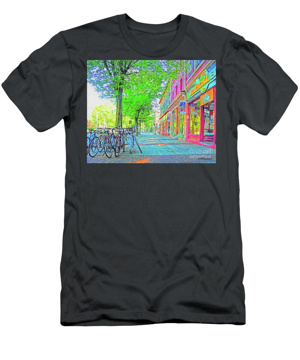 Bikes T-Shirt featuring the photograph Cycles on Queen by Carol Randall