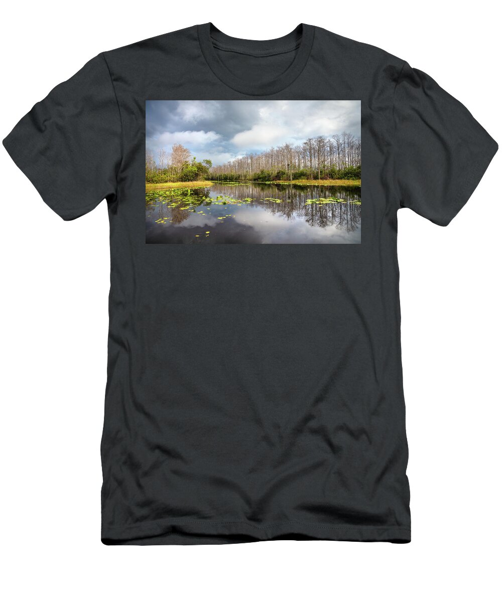 Clouds T-Shirt featuring the photograph Cypress Reflections after the Rain by Debra and Dave Vanderlaan