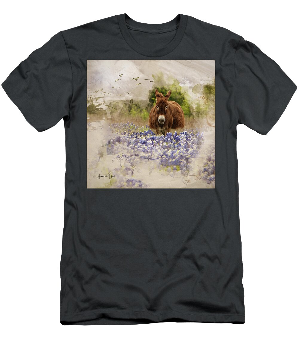 Donkey T-Shirt featuring the digital art Daisy in the Bluebonnets by Linda Lee Hall