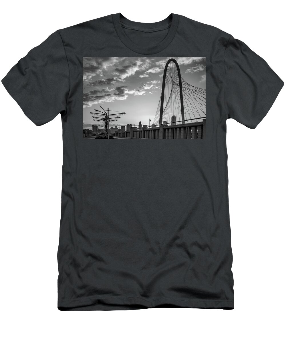 Dallas Skyline T-Shirt featuring the photograph Dallas Skyline From Margaret Hunt Hill Bridge in Black and White by Gregory Ballos