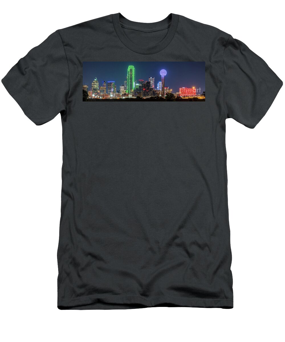 Texas T-Shirt featuring the photograph Dallas Skyline Pano Night 0056 by Bee Creek Photography - Tod and Cynthia