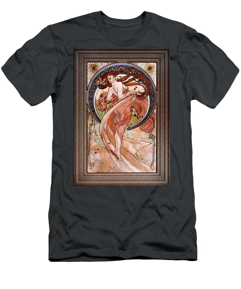 Dance T-Shirt featuring the painting Dance by Alphonse Mucha Black Background by Rolando Burbon